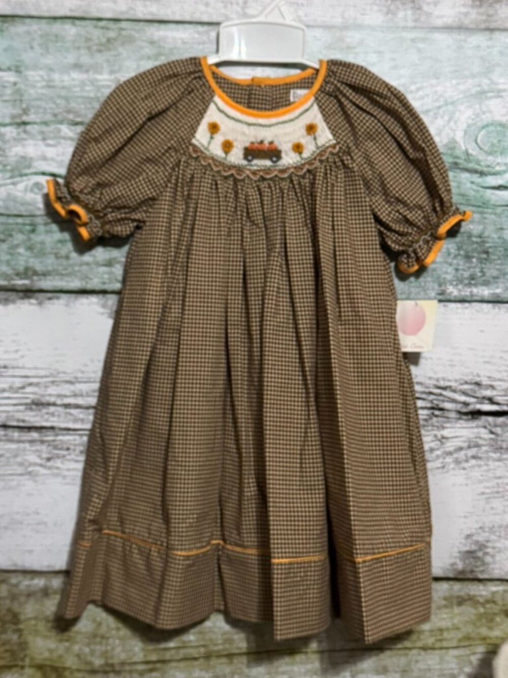 Petit Ami Brown Gingham Pumpkin Smocked Fall Dress 2T